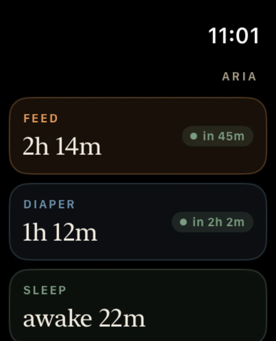The Apple Watch app: feed in 45 minutes, diaper in 2h 2m, awake 22 minutes